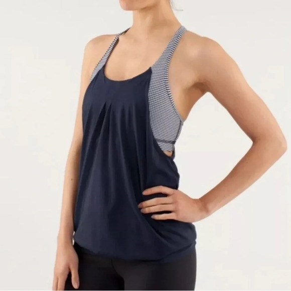 Lululemon Athletica Practice Freely Tank in Navy White Gingham - Size 4 - EUC - Picture 1 of 6